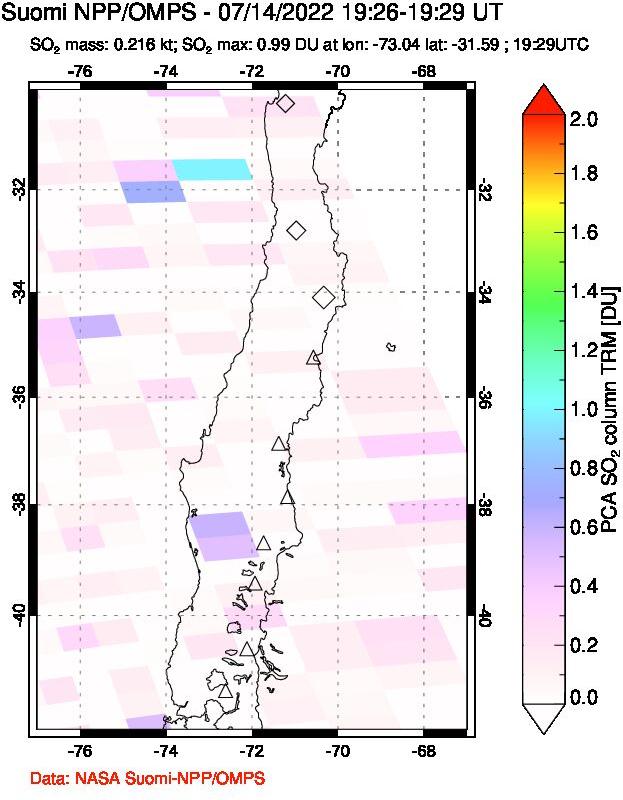 A sulfur dioxide image over Central Chile on Jul 14, 2022.