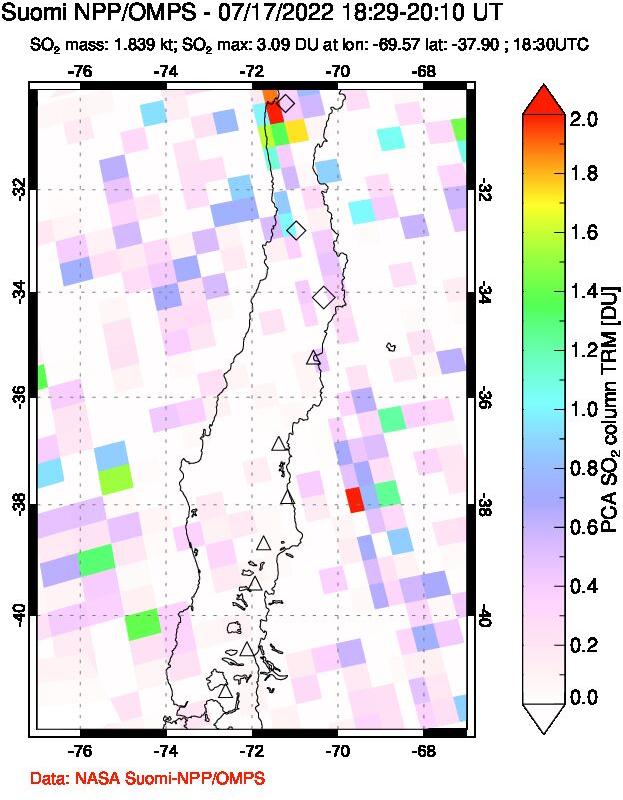 A sulfur dioxide image over Central Chile on Jul 17, 2022.