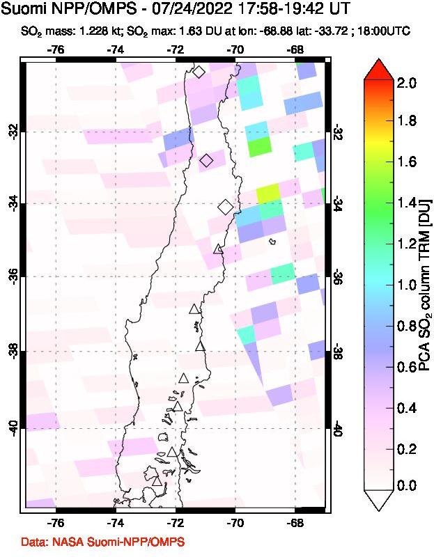 A sulfur dioxide image over Central Chile on Jul 24, 2022.