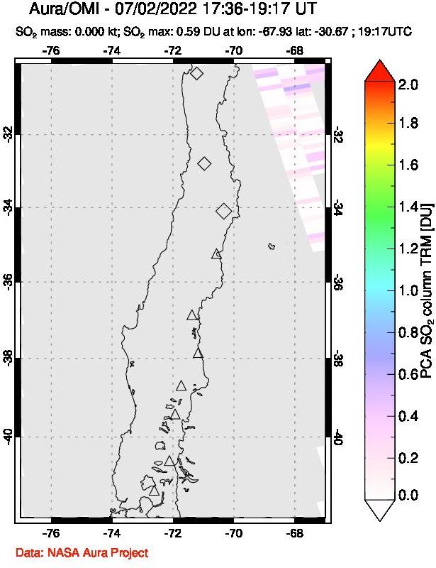 A sulfur dioxide image over Central Chile on Jul 02, 2022.