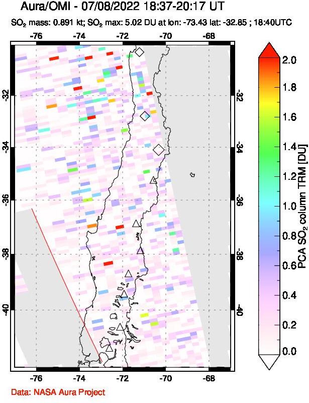 A sulfur dioxide image over Central Chile on Jul 08, 2022.