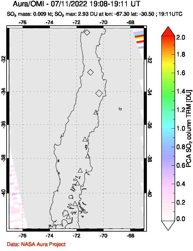 A sulfur dioxide image over Central Chile on Jul 11, 2022.