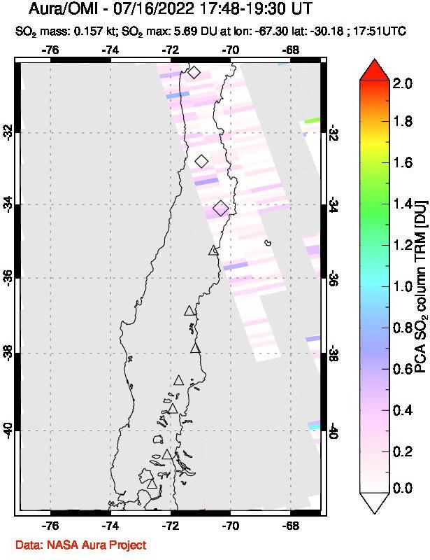 A sulfur dioxide image over Central Chile on Jul 16, 2022.