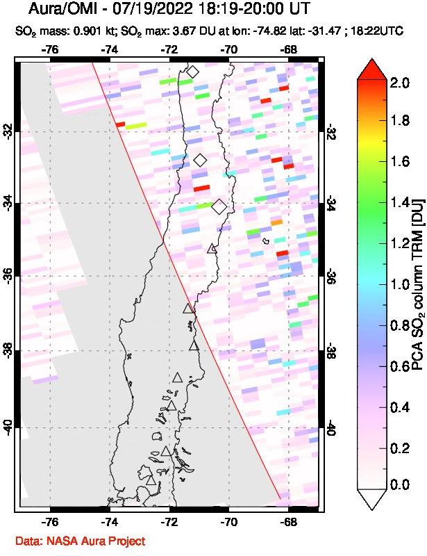A sulfur dioxide image over Central Chile on Jul 19, 2022.
