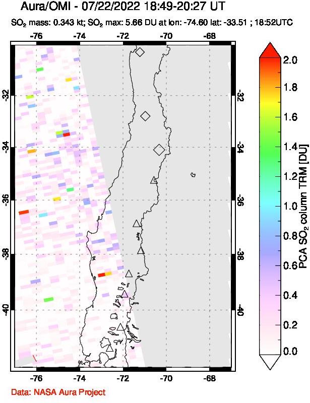 A sulfur dioxide image over Central Chile on Jul 22, 2022.