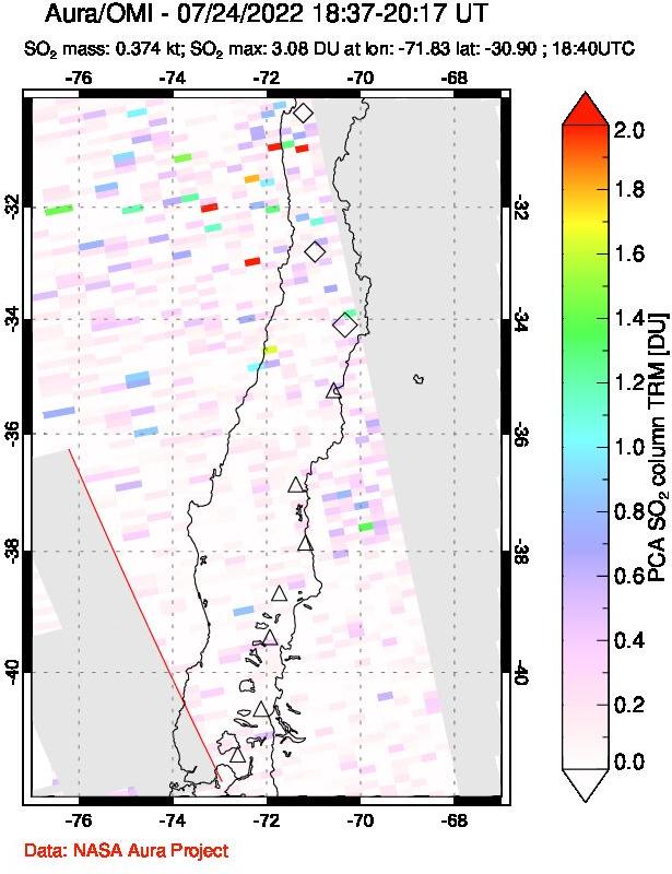 A sulfur dioxide image over Central Chile on Jul 24, 2022.