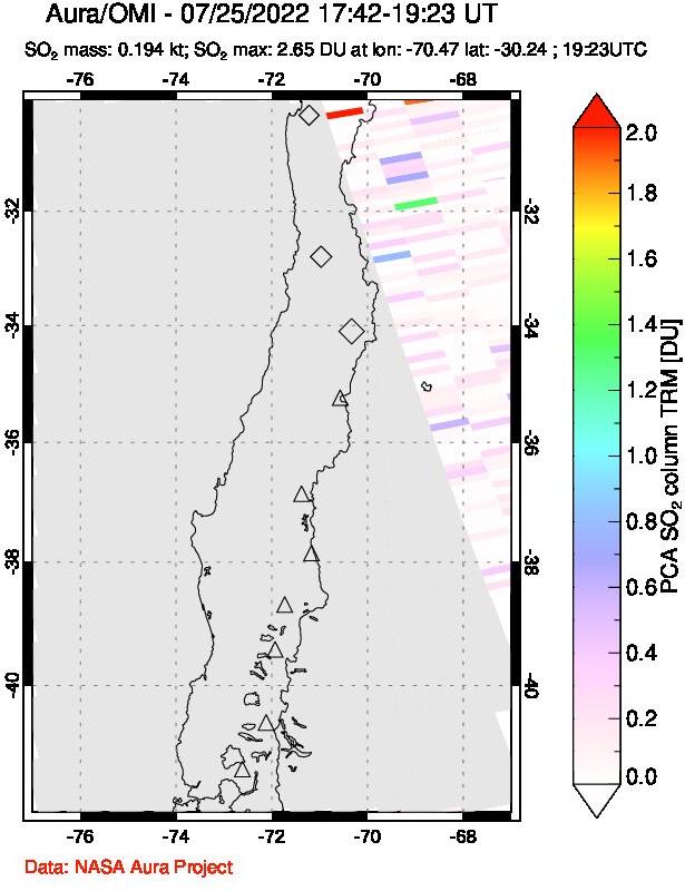 A sulfur dioxide image over Central Chile on Jul 25, 2022.