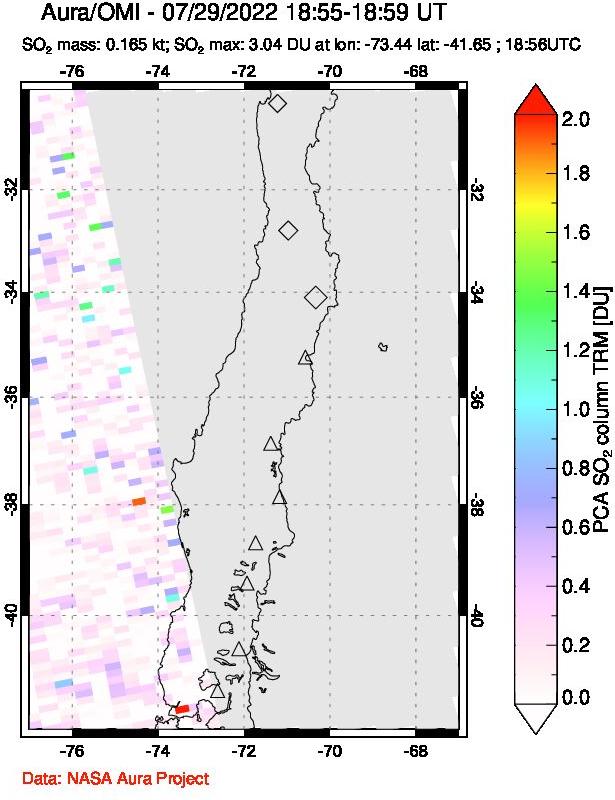 A sulfur dioxide image over Central Chile on Jul 29, 2022.