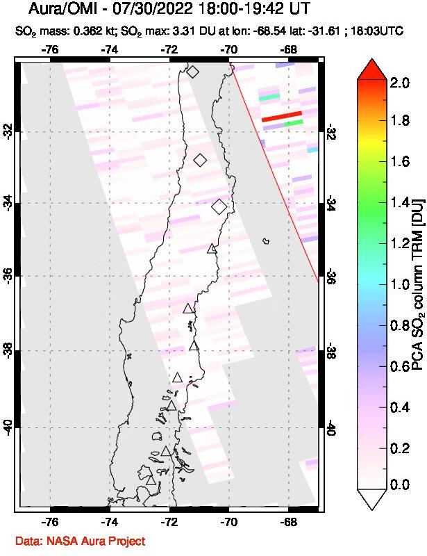 A sulfur dioxide image over Central Chile on Jul 30, 2022.