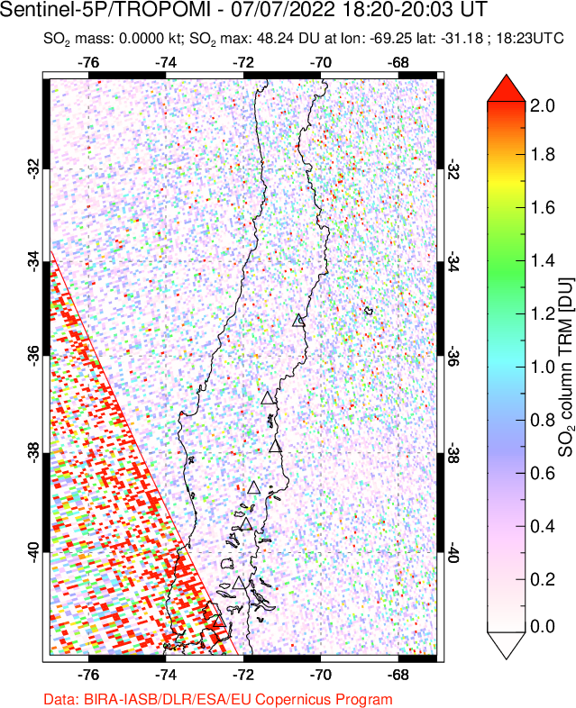 A sulfur dioxide image over Central Chile on Jul 07, 2022.