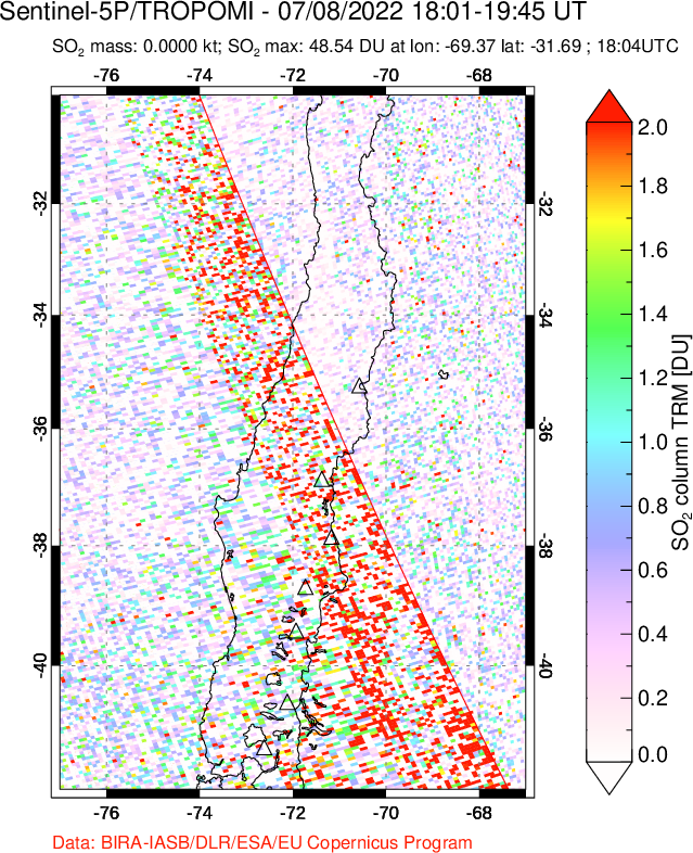 A sulfur dioxide image over Central Chile on Jul 08, 2022.