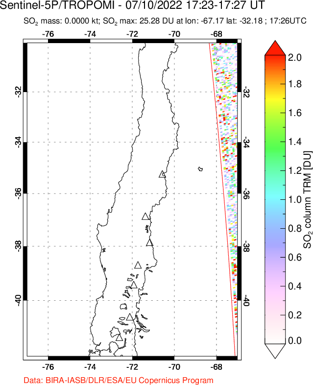 A sulfur dioxide image over Central Chile on Jul 10, 2022.