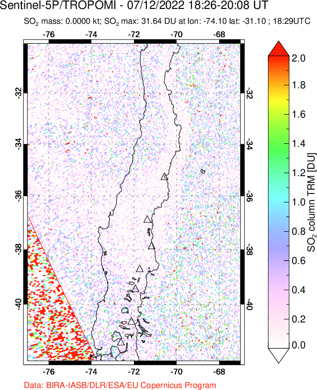 A sulfur dioxide image over Central Chile on Jul 12, 2022.