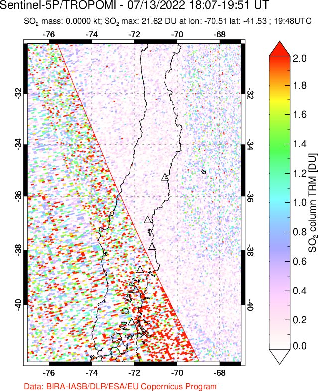 A sulfur dioxide image over Central Chile on Jul 13, 2022.