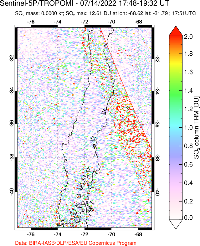 A sulfur dioxide image over Central Chile on Jul 14, 2022.