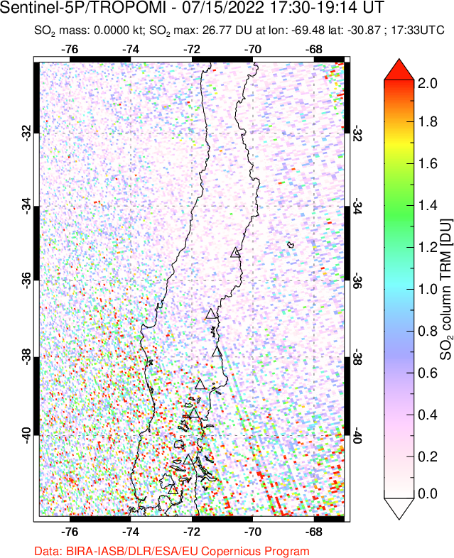 A sulfur dioxide image over Central Chile on Jul 15, 2022.
