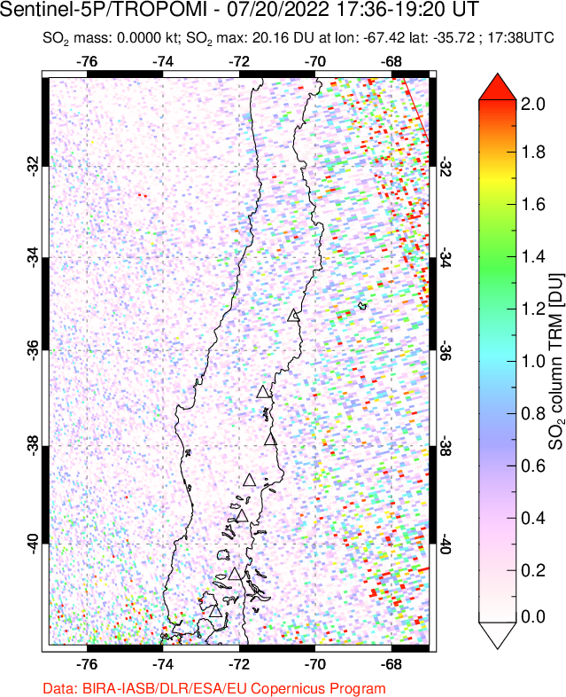 A sulfur dioxide image over Central Chile on Jul 20, 2022.