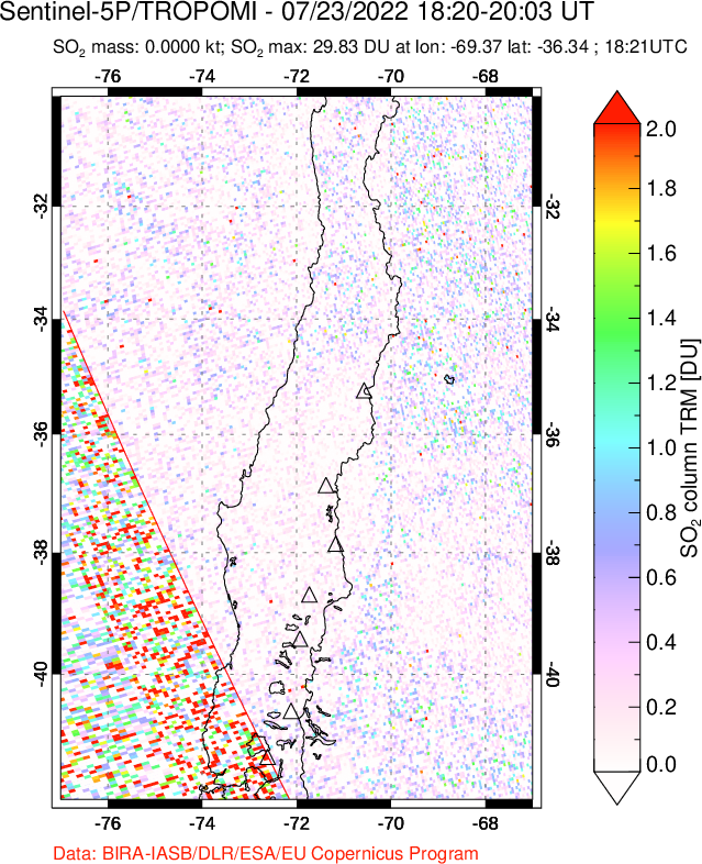 A sulfur dioxide image over Central Chile on Jul 23, 2022.
