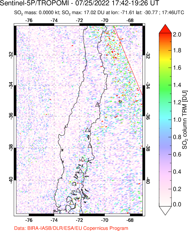 A sulfur dioxide image over Central Chile on Jul 25, 2022.