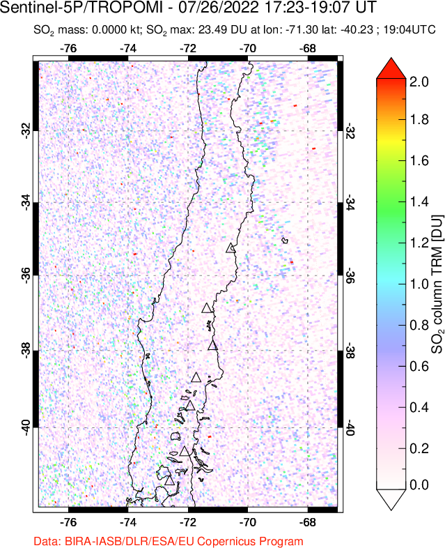 A sulfur dioxide image over Central Chile on Jul 26, 2022.