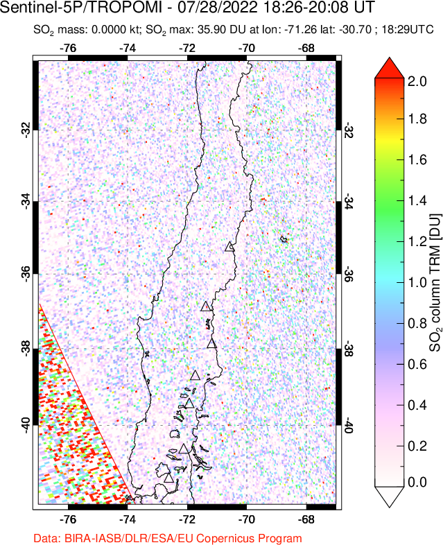 A sulfur dioxide image over Central Chile on Jul 28, 2022.