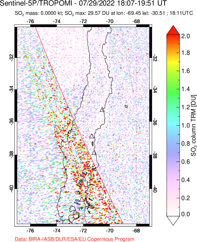 A sulfur dioxide image over Central Chile on Jul 29, 2022.