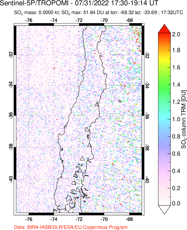 A sulfur dioxide image over Central Chile on Jul 31, 2022.