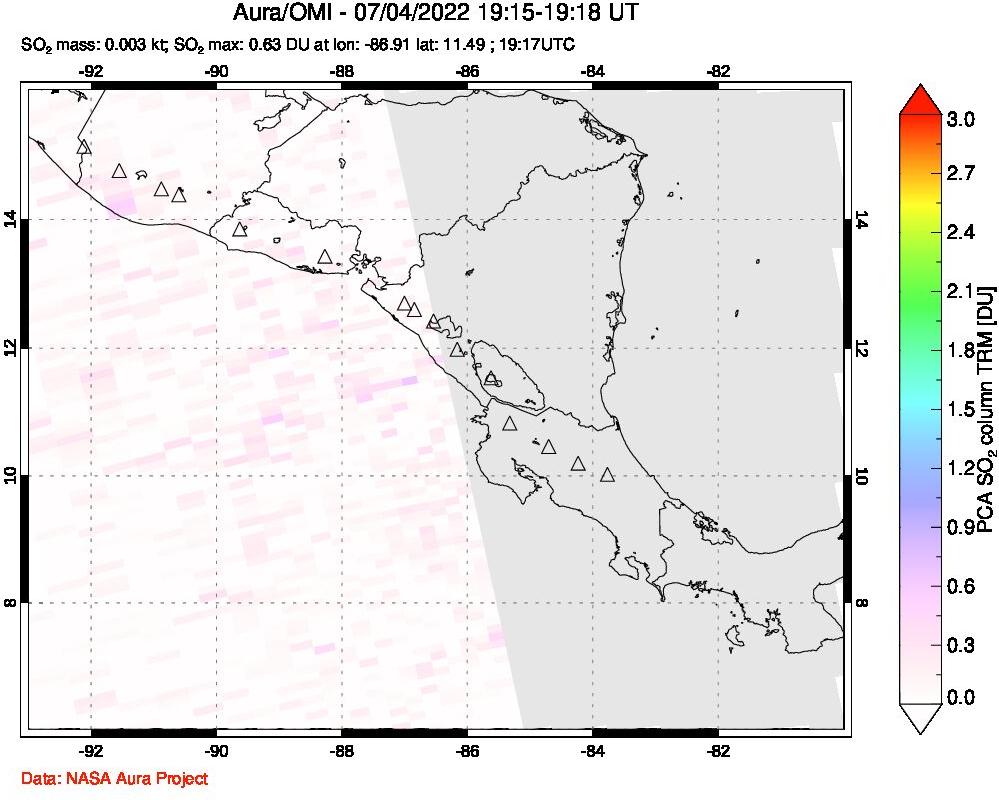 A sulfur dioxide image over Central America on Jul 04, 2022.