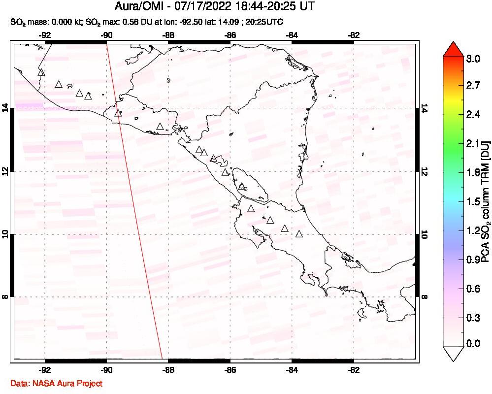 A sulfur dioxide image over Central America on Jul 17, 2022.
