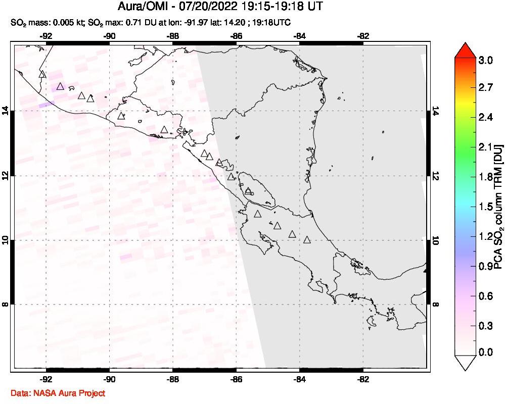 A sulfur dioxide image over Central America on Jul 20, 2022.