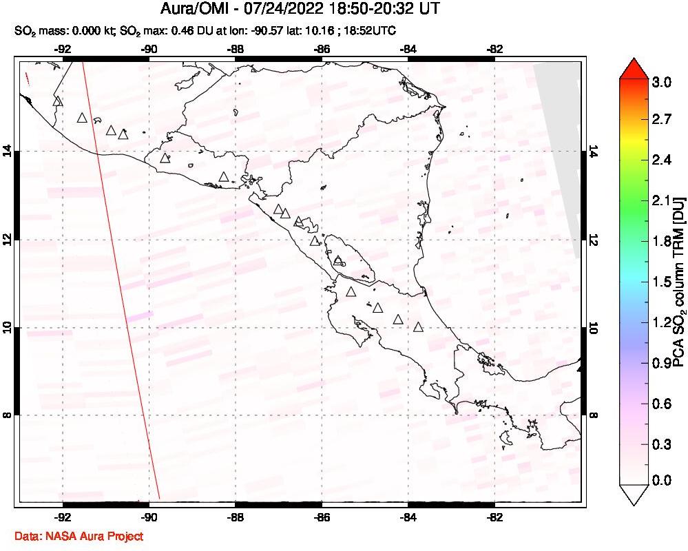 A sulfur dioxide image over Central America on Jul 24, 2022.