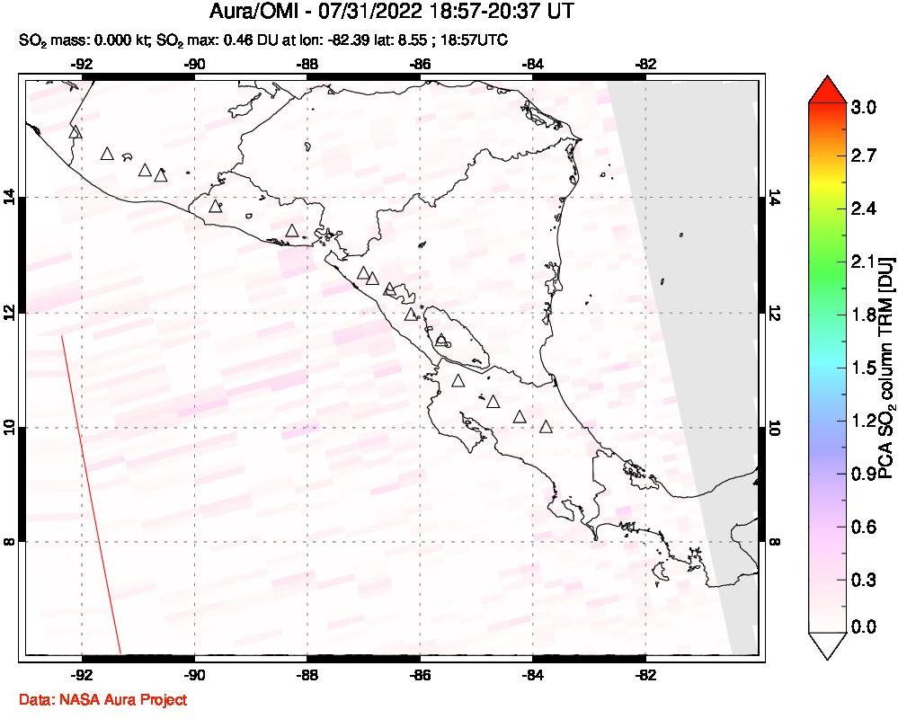 A sulfur dioxide image over Central America on Jul 31, 2022.