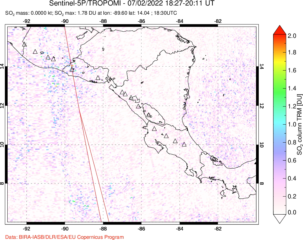 A sulfur dioxide image over Central America on Jul 02, 2022.