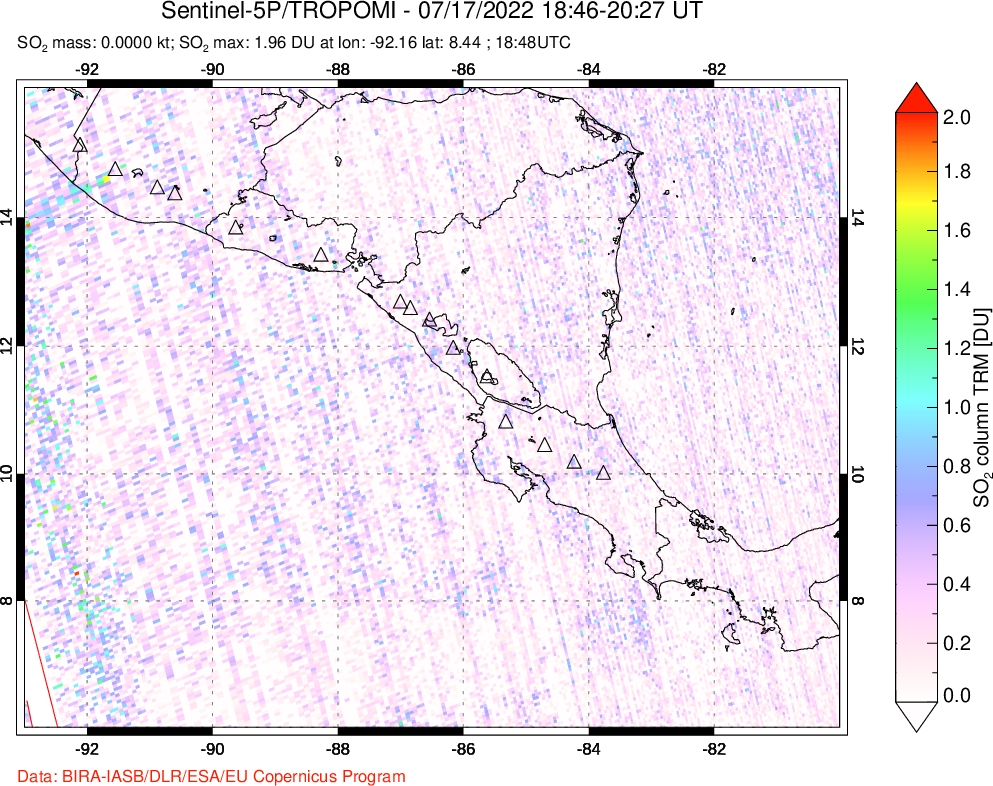 A sulfur dioxide image over Central America on Jul 17, 2022.