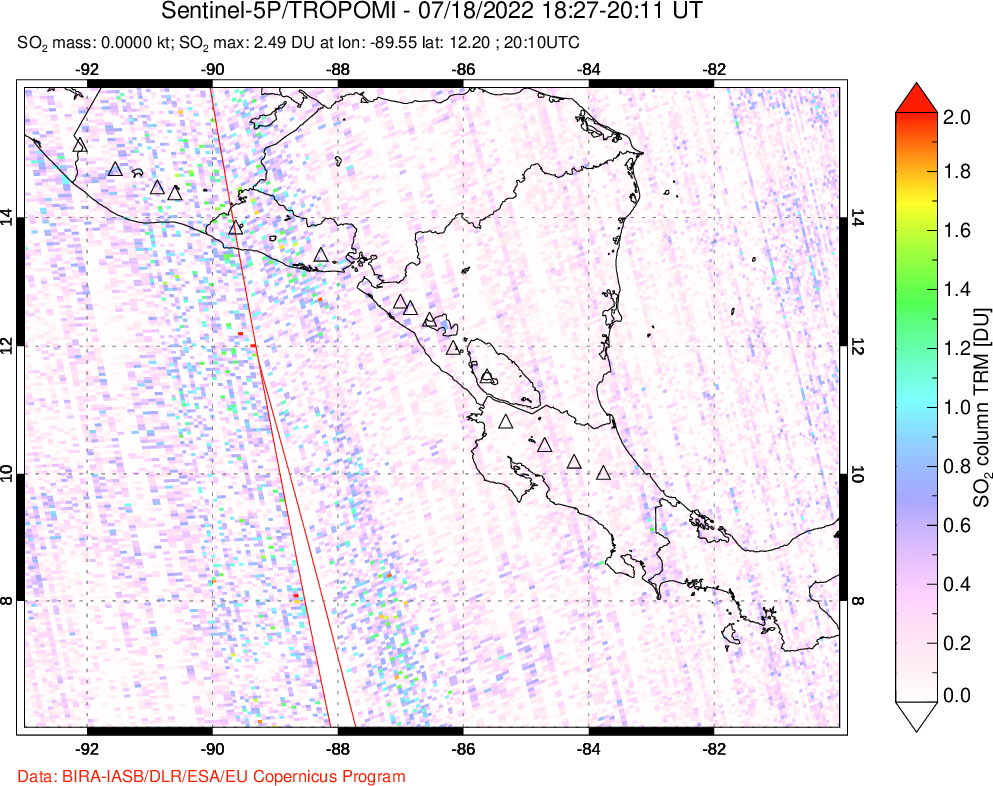 A sulfur dioxide image over Central America on Jul 18, 2022.