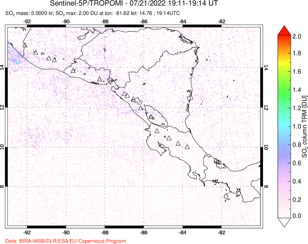 A sulfur dioxide image over Central America on Jul 21, 2022.