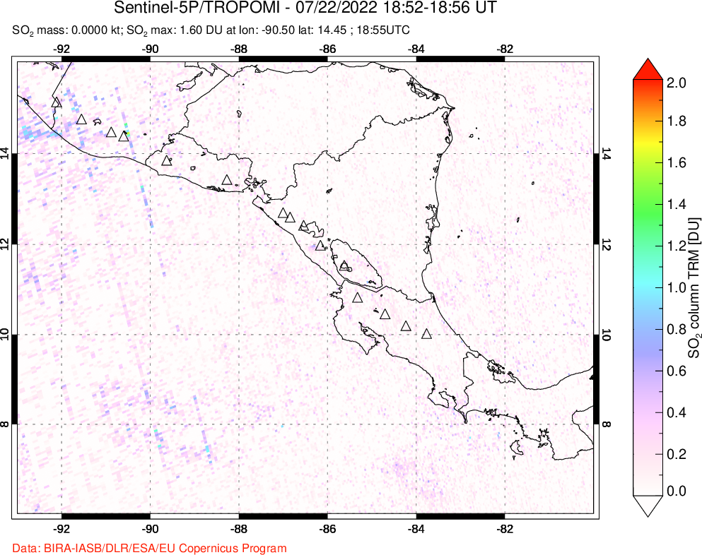 A sulfur dioxide image over Central America on Jul 22, 2022.