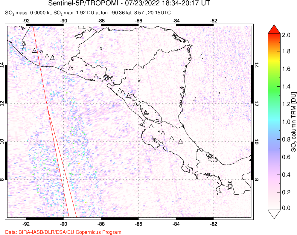 A sulfur dioxide image over Central America on Jul 23, 2022.