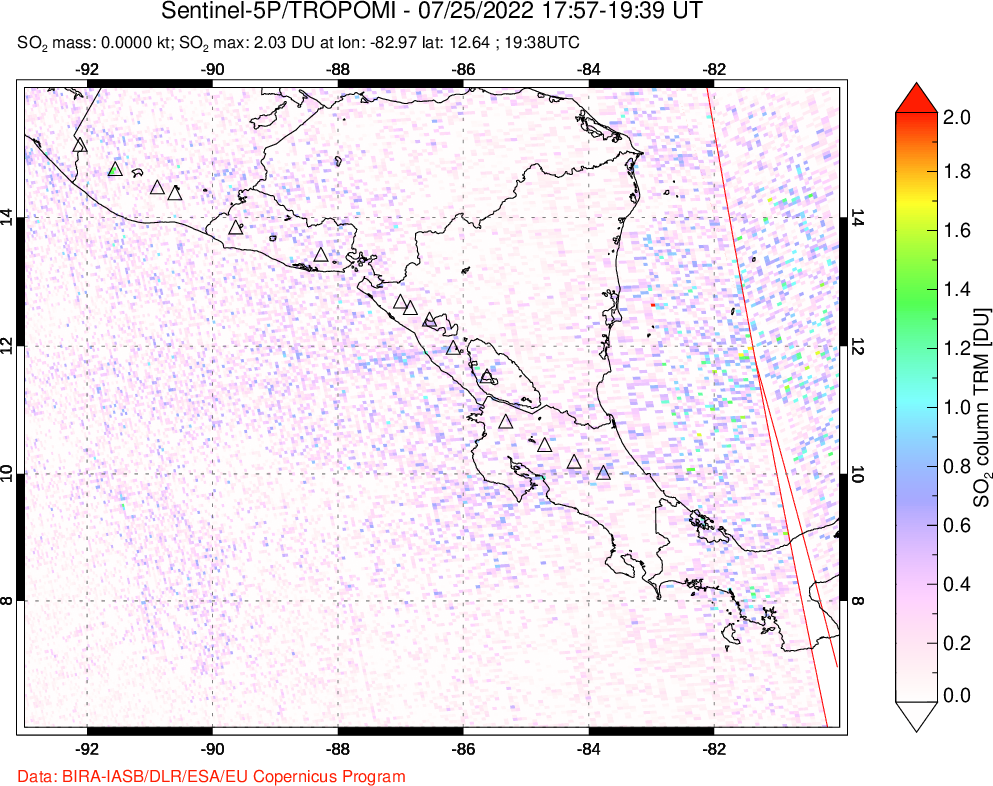 A sulfur dioxide image over Central America on Jul 25, 2022.