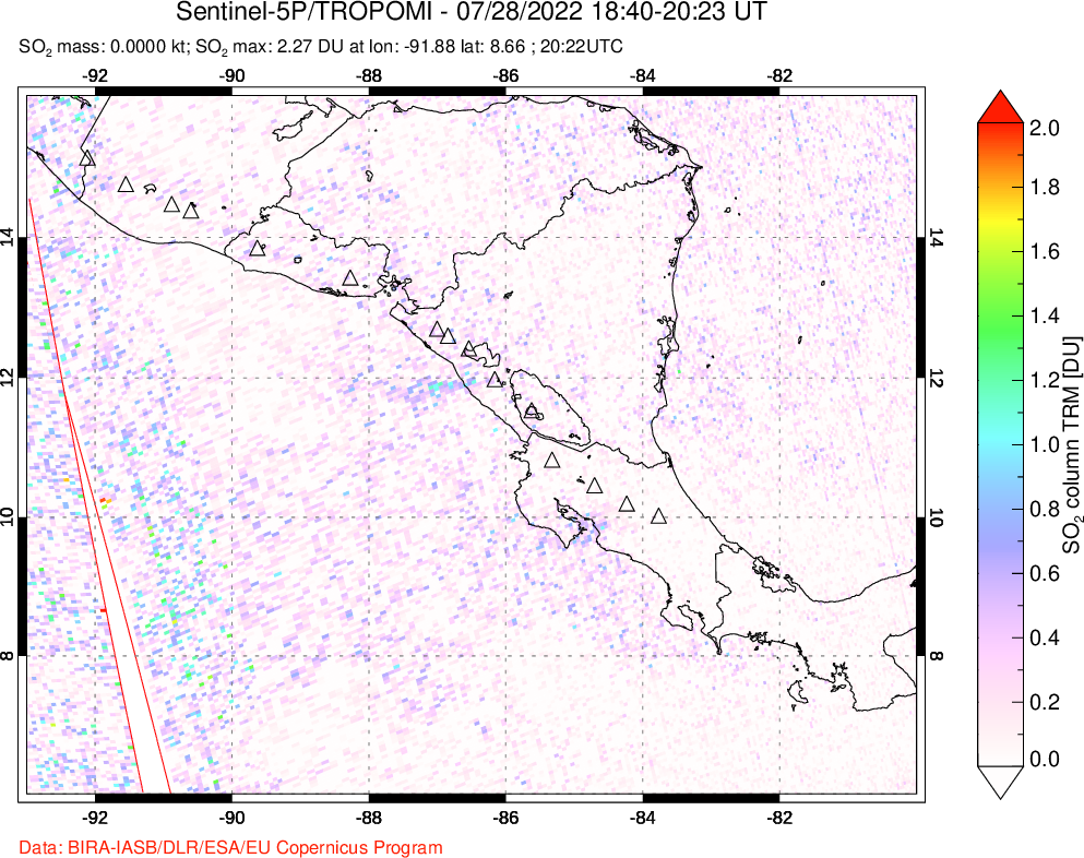 A sulfur dioxide image over Central America on Jul 28, 2022.
