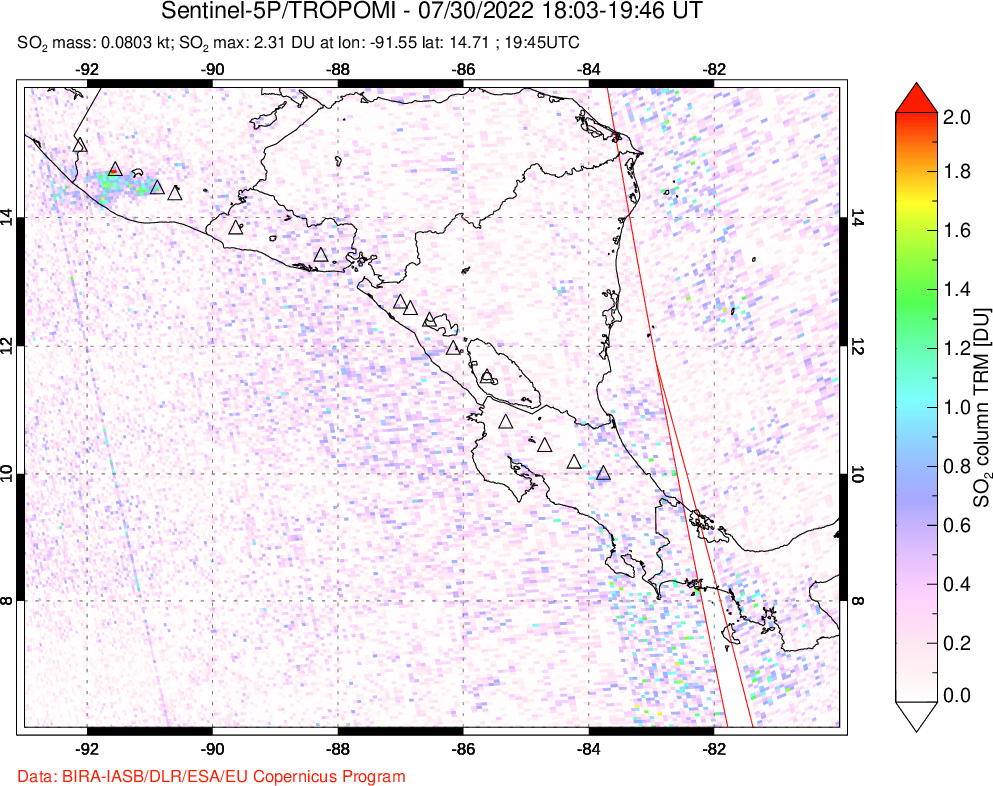 A sulfur dioxide image over Central America on Jul 30, 2022.