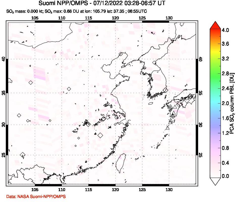 A sulfur dioxide image over Eastern China on Jul 12, 2022.