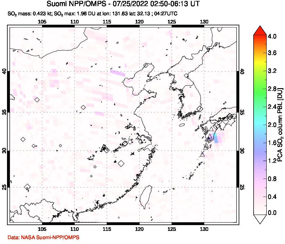 A sulfur dioxide image over Eastern China on Jul 25, 2022.
