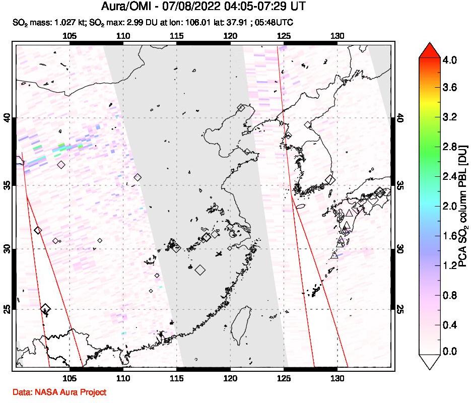 A sulfur dioxide image over Eastern China on Jul 08, 2022.