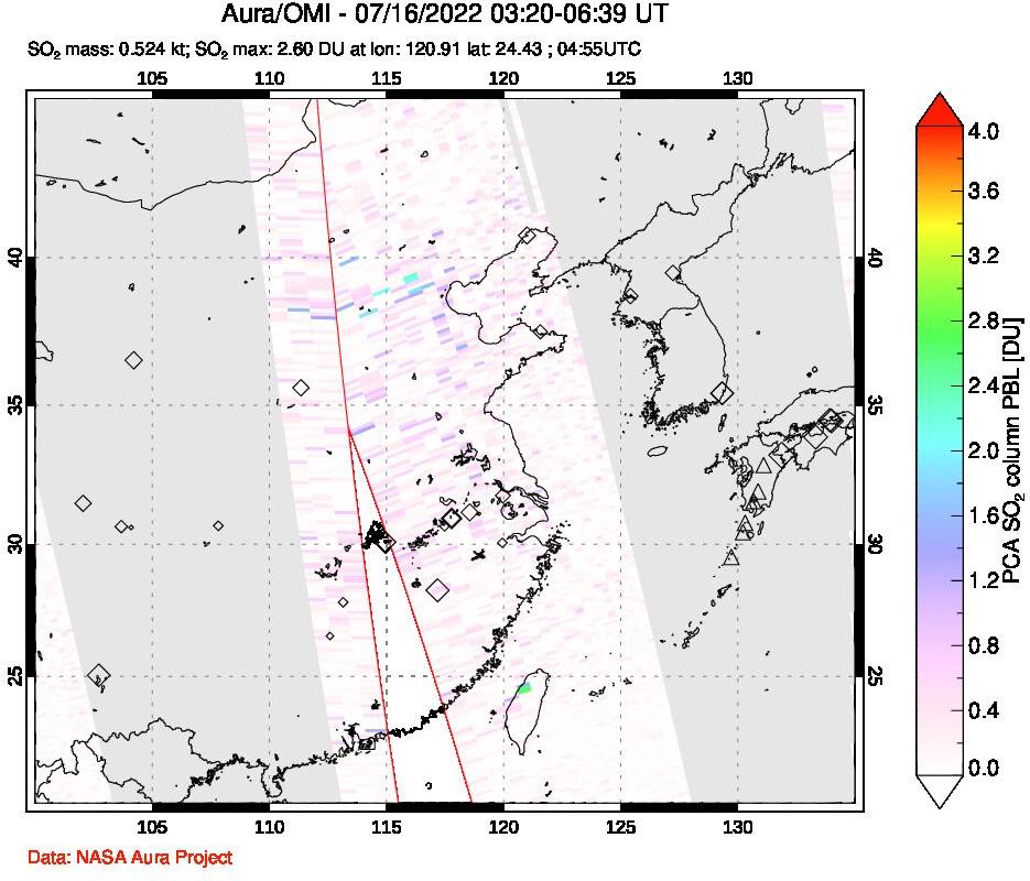 A sulfur dioxide image over Eastern China on Jul 16, 2022.