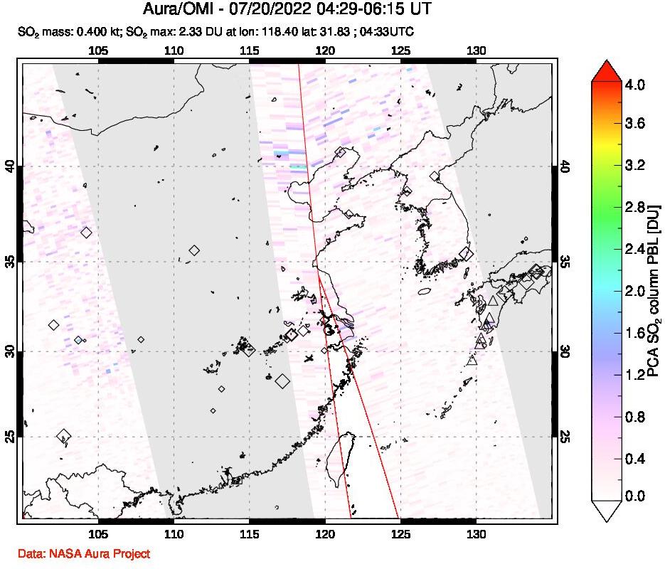 A sulfur dioxide image over Eastern China on Jul 20, 2022.