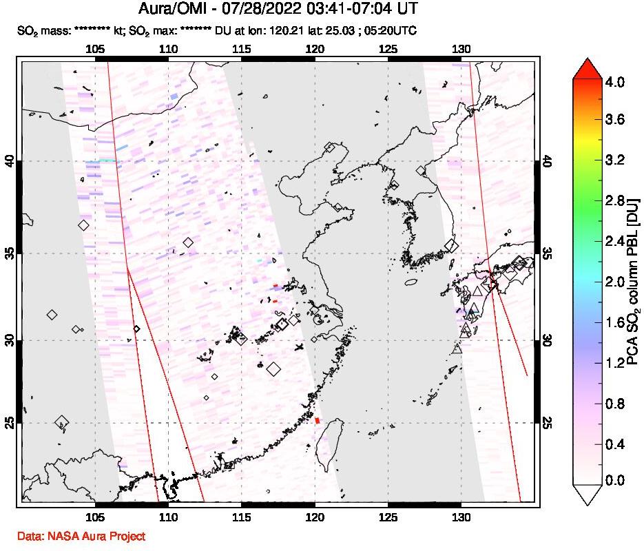 A sulfur dioxide image over Eastern China on Jul 28, 2022.