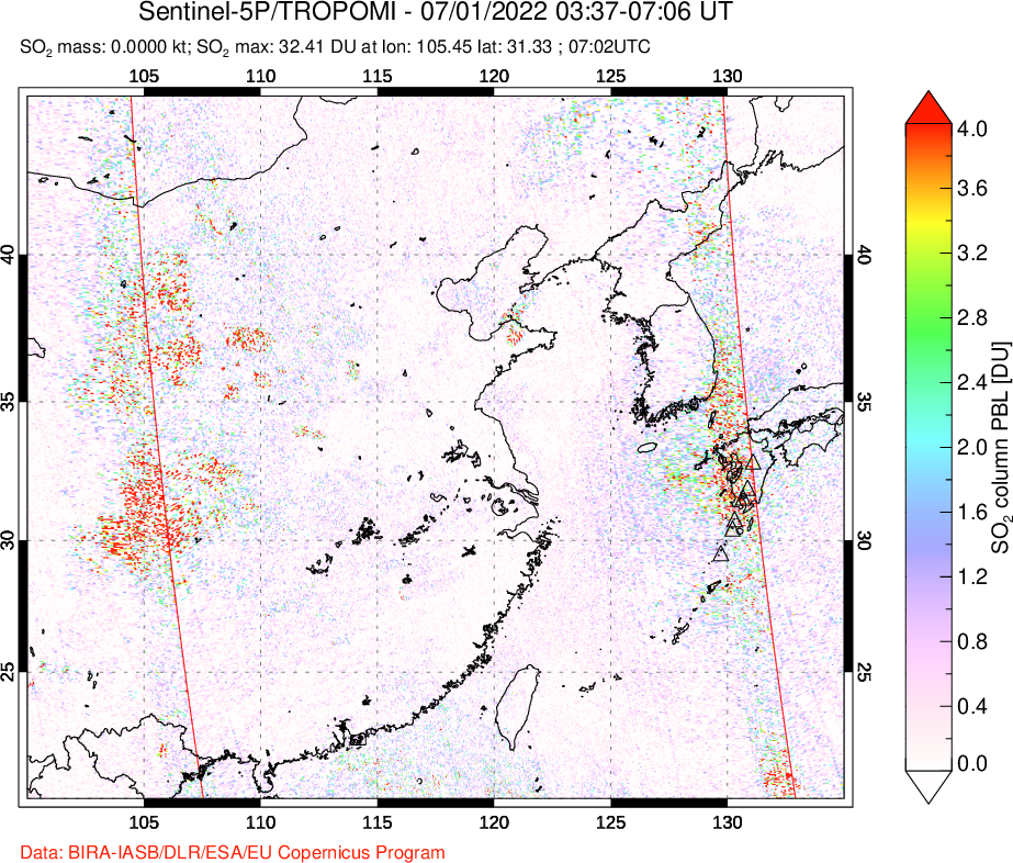 A sulfur dioxide image over Eastern China on Jul 01, 2022.