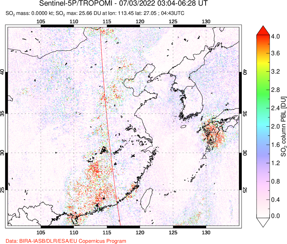 A sulfur dioxide image over Eastern China on Jul 03, 2022.