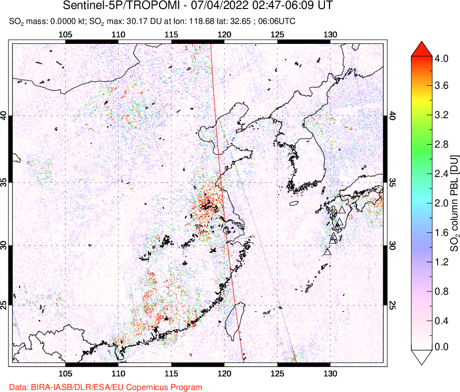 A sulfur dioxide image over Eastern China on Jul 04, 2022.